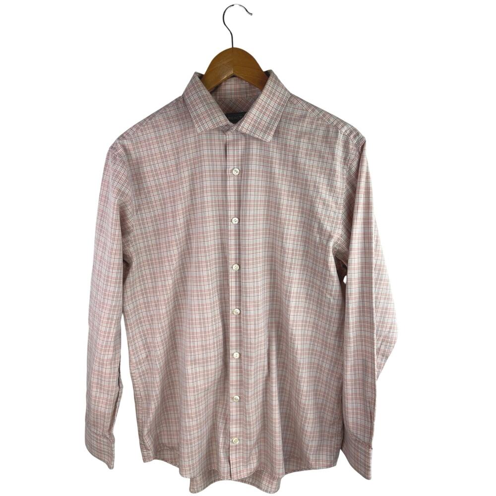 Kenneth Cole Reaction Men's Pink Plaid Slim Fit Button Down Shirt Top Size 32-33